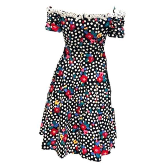 1980s Rockabilly Crinoline Off-the-Shoulder Polka Dot Flower Twirly Party‎ Dress - Picture 2 of 7